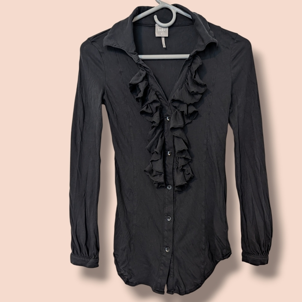 Bobi Black 100% Cotton Ruffle Long Sleeve V-Neck Collared Button-Up Top SM